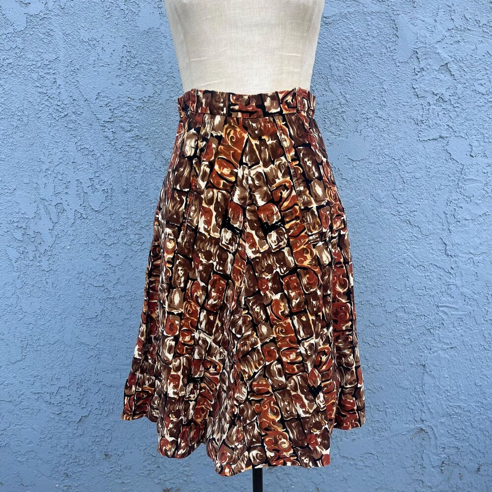 1950s Skirt Orange and Brown Velvet Midi full Size Small Retro mid century style